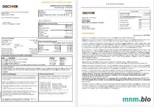 USA Discover Bank wyciąg z kredytu hipotecznego w formatach Word i PDF, 3 strony 1-2
